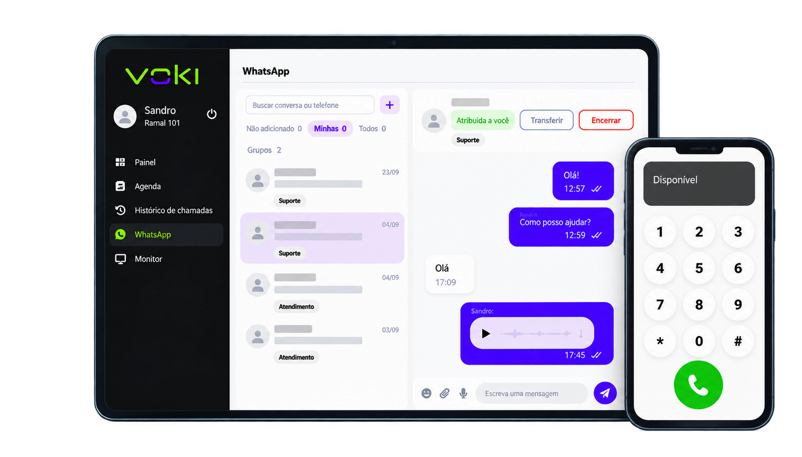 Mockup da Voki em um monitor, com conversas de WhatsApp, e um telefone com discador ao lado